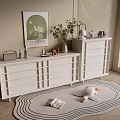 Modern White Console Table And Side Cabinet With Drawers Decorative Plants And Rug