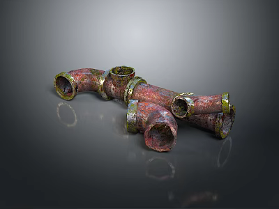 Rusted Metal Pipe Lighting Combination with Curved Straight Shapes on Dark Reflective Background 3d model