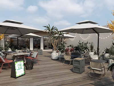 Outdoor Terrace With Wooden Deck White Umbrellas Tables Chairs Plants And Menu Board 3d model