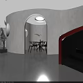 Modern Style Lobby Interior With Curved White Walls Circular Ceiling Lights And Spiral Staircase