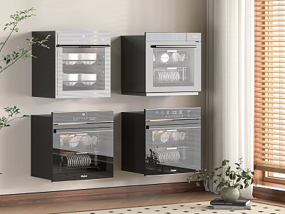 Modern Built in Kitchen Appliances With Black Glass Doors And Dishes Inside 3d model
