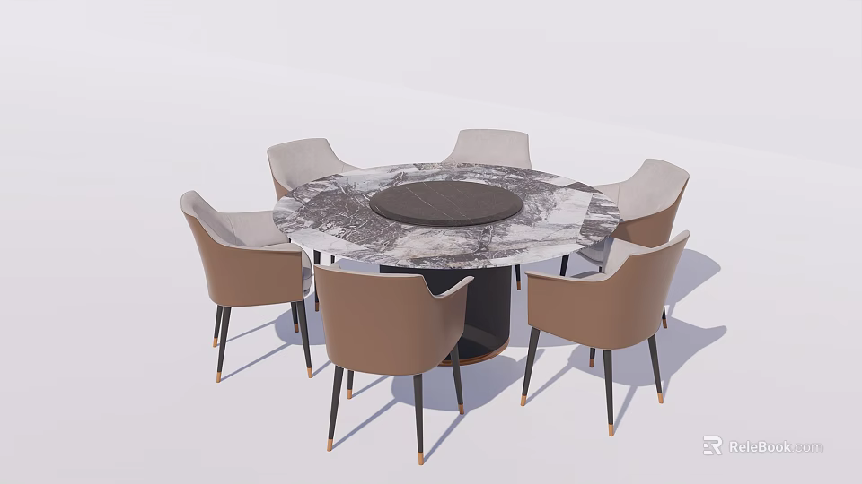 Modern Round Marble Top Dining Table Set With Six Light Brown Chairs And Black Legs 3d model 