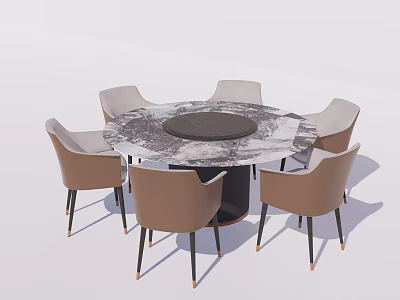 Modern Round Marble Top Dining Table Set With Six Light Brown Chairs And Black Legs 3d model