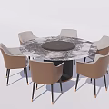 Modern Round Marble Top Dining Table Set With Six Light Brown Chairs And Black Legs
