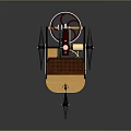 Vintage Three Wheeled Vehicle with Wooden Body Brown Seat and Black Wheels