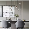 Modern Gray Dining Table Set With Chairs Pendant Lights And Wall Art 3d model