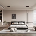 Modern Minimalist Bedroom Interior With Bed Geometric Rug Window Blinds And Decorative Painting