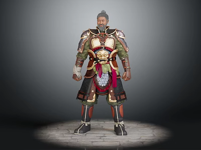Ancient Warrior In Traditional Ornate Armor With Decorative Chest Plate And Red Sash 3d model