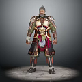 Ancient Warrior In Traditional Ornate Armor With Decorative Chest Plate And Red Sash