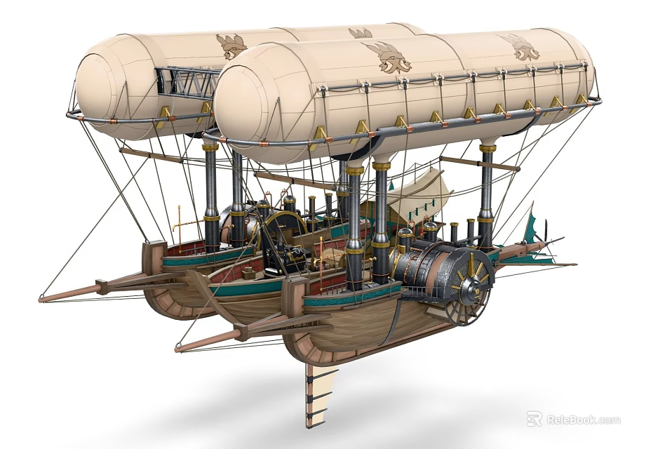 Steampunk Inspired Airship With Dual Vintage Balloons And Mechanical Parts 3d model 