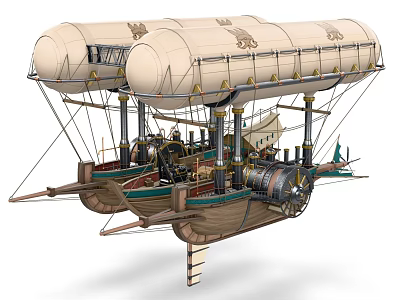 Steampunk Inspired Airship With Dual Vintage Balloons And Mechanical Parts 3d model