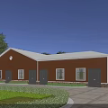 Industrial Warehouse Exterior with Red Walls White Roof Windows Doors and Green Surroundings