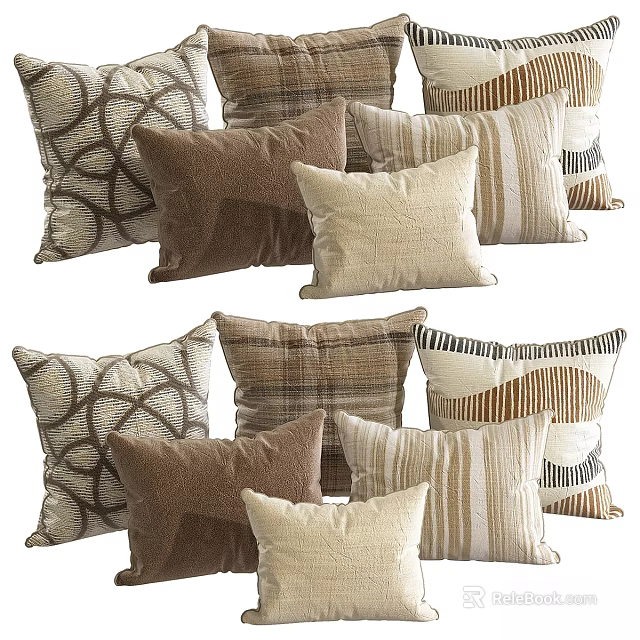 Cozy Textured Throw Pillows With Circular Patterns Stripes And Plaid In Neutral Tones 3d model