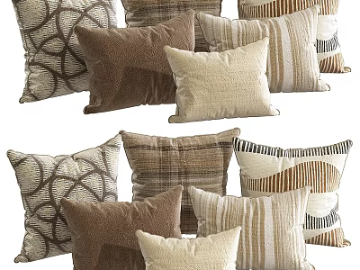 Cozy Textured Throw Pillows With Circular Patterns Stripes And Plaid In Neutral Tones 3d model