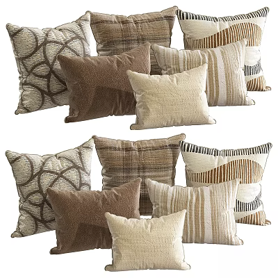 Cozy Textured Throw Pillows With Circular Patterns Stripes And Plaid In Neutral Tones 3d model