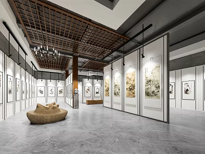 Fine Arts Exhibition Space with Paintings Display Walls Sofa and Wooden Ceiling 3d model
