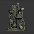 Green Textured Garden Ornament with Unique Geometric Design Featuring Spheres Cylinders and Stepped Structures