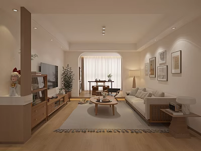 Modern Living and Dining Room Interior With Wooden Sofa Coffee Table And Decorative Paintings 3d model