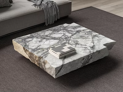 Modern Living Room With Natural Marble Coffee Table And Stacked Books 3d model