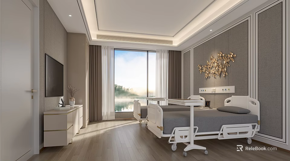 Modern Hospital Outpatient Ward Featuring Comfortable Bed TV Natural Light And Scenic View 3d model 
