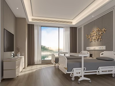 Modern Hospital Outpatient Ward Featuring Comfortable Bed TV Natural Light And Scenic View 3d model
