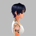 Stylized 3D Female Character With Short Dark Hair White Tank Top And Arm Tattoos