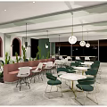 Modern Dessert Shop Interior With Green Pink Accents Chic Tables Chairs And Pendant Lights