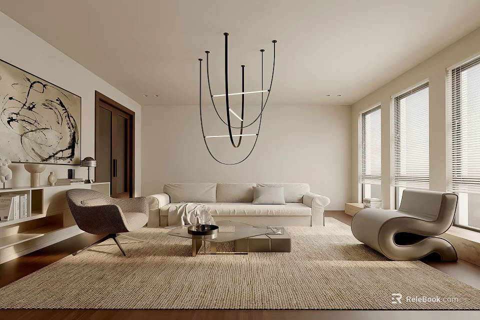 Minimalist Living Room Interior With White Sofa Pendant Light Area Rug And Artwork 3d model 