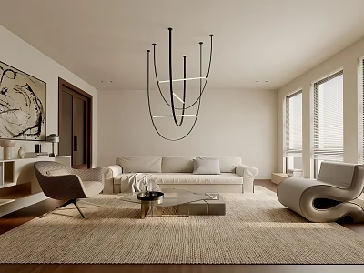 Minimalist Living Room Interior With White Sofa Pendant Light Area Rug And Artwork 3d model