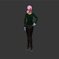 Stylish Woman In Dark Blue Top And Black Pants Standing With Hand On Hip