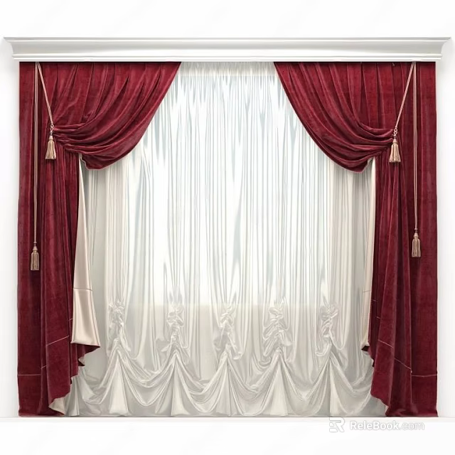 Red Velvet Curtains With White Sheer Layer And Tassel Decor For Window 3d model 