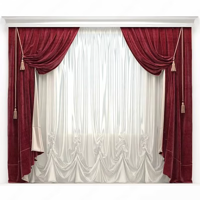 Red Velvet Curtains With White Sheer Layer And Tassel Decor For Window 3d model