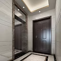 Modern Elevator Hallway With Marble Walls Abstract Painting And Ceiling Lights 3d model