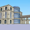 European Architecture Design With Arched Windows Clock Tower And Modern Glass Curtain Wall