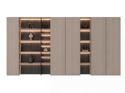 Modern Symmetric Wooden Decorative Cabinet With Lighted Display Shelves And Decorative Items 3d model