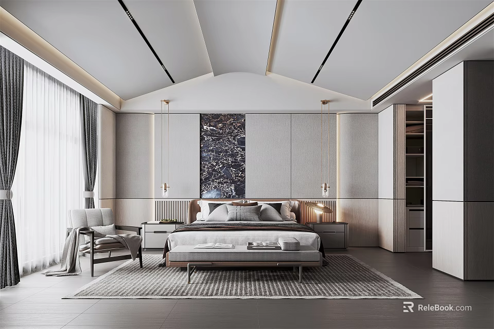 Modern Bedroom Interior Design With Bed Nightstands Wall Art And Area Rug 3d model 