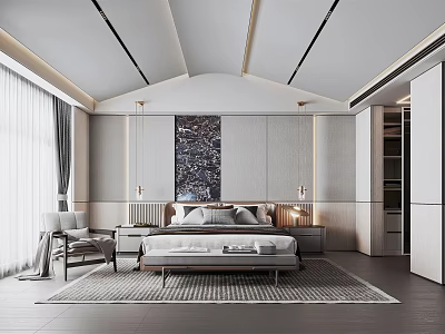Modern Bedroom Interior Design With Bed Nightstands Wall Art And Area Rug 3d model