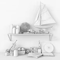 Decorative Ornament Set with Sailboat Model Decorative Bottles Fan and Vintage Decor on Shelf