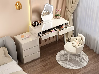 Modern White Dressing Table with Mirror Drawers and Cosmetics in Bedroom Interior Design 3d model