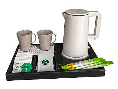 Modern Tea Set with White Electric Kettle Gray Mugs and Tea Bags on Black Tray 3d model