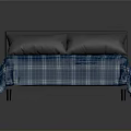 Bedroom Bed With Blue Plaid Bedspread Two Gray Pillows And Black Headboard