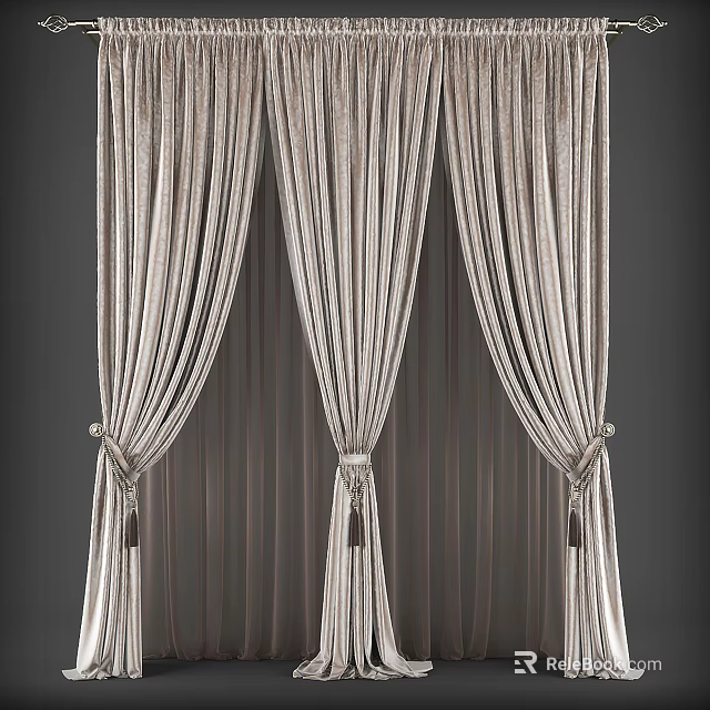 Elegant Striped Velvet Curtains with Tiebacks and Tassel Decorations for Home Interior 3d model 