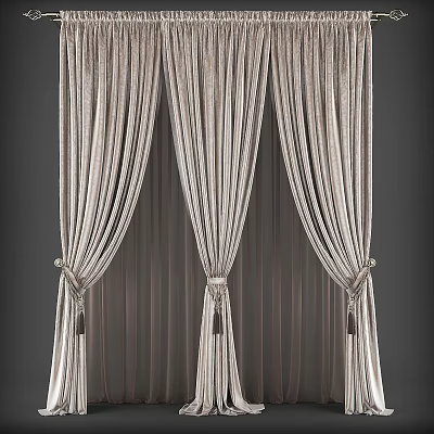 Elegant Striped Velvet Curtains with Tiebacks and Tassel Decorations for Home Interior 3d model