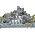 Natural Rock Waterfall Landscape With Bonsai Tree Small Pond And Green Plants