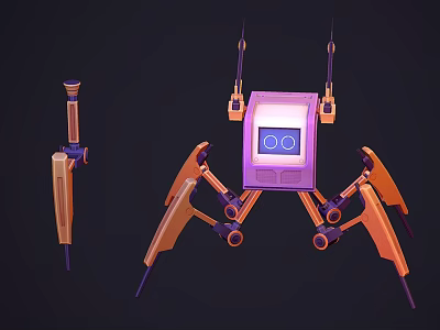 Mechanical Creature With Multi Legged Structure Purple Main Body And Blue Circular Screens 3d model