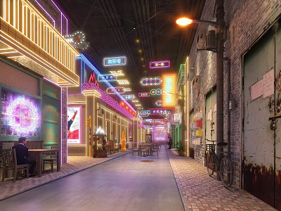Vintage Restaurant on Retro Street Featuring Neon Lights Decor and Cozy Dining Ambiance 3d model
