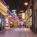 Vintage Restaurant on Retro Street Featuring Neon Lights Decor and Cozy Dining Ambiance