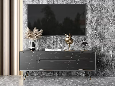 Modern Black TV Stand With Gold Accents Against Marble Wall And Mounted TV Decorative Items 3d model