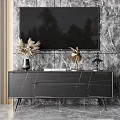 Modern Black TV Stand With Gold Accents Against Marble Wall And Mounted TV Decorative Items