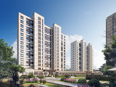 Residential Community With High Rise Buildings And Lush Landscaping 3d model